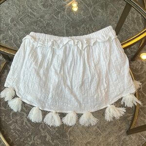 Vintage Havana White Smocked Strapless Crop Top with Fringe Tassles